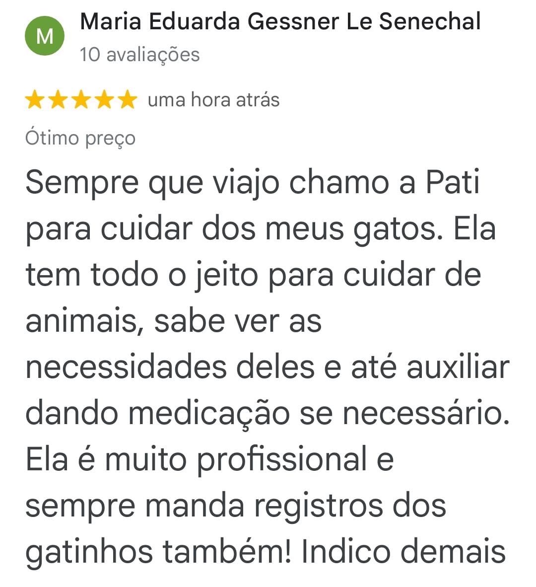 Avaliação de Maria Eduarda Gessner Le Senechal no Google, cinco estrelas: relata cuidado profissional e registros dos gatinhos durante as viagens.